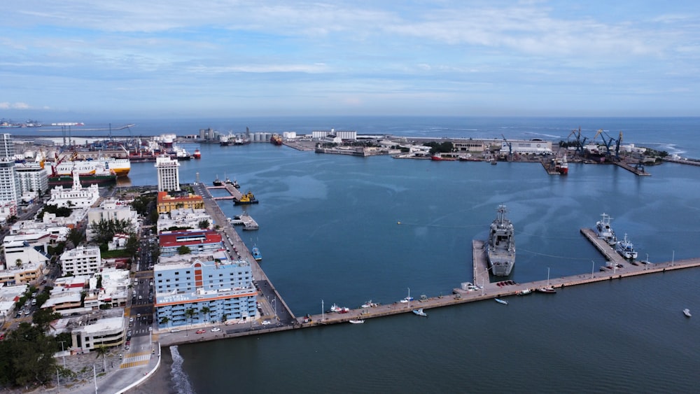 a large body of water with a bridge and buildings along it