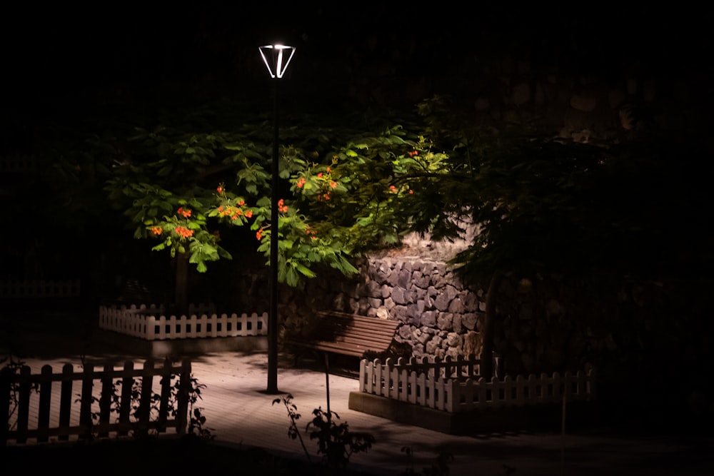 a lamp post next to a stone wall and a tree