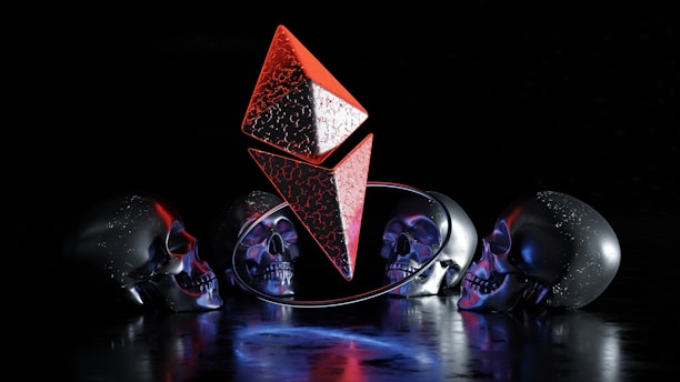 A glowing golden all-seeing eye hovering above a dark pyramid, surrounded by intricate sacred geometry patterns against a deep blue cosmic background.