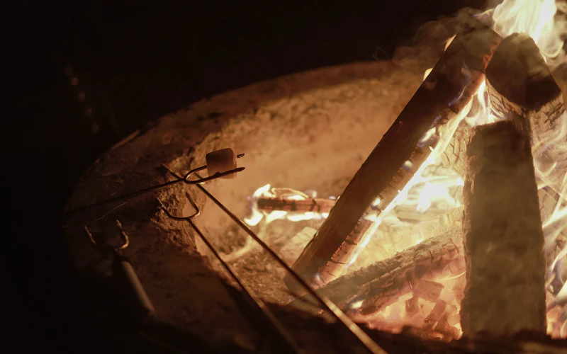 Children singing around a glowing evening campfire