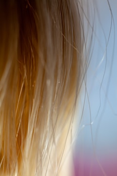 Close-up view of light-colored hair strands, with a soft focus on individual strands against a blurred background transitioning from blue to pink.
