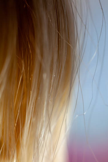 A close-up of healthy hair strands illuminated by soft light.