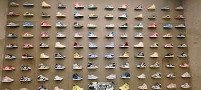 A vibrant display of colorful sneakers arranged in a row.