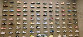 A vibrant display of personalized sneakers with unique patterns.