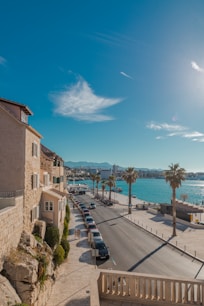 a road with cars and trees by a body of water