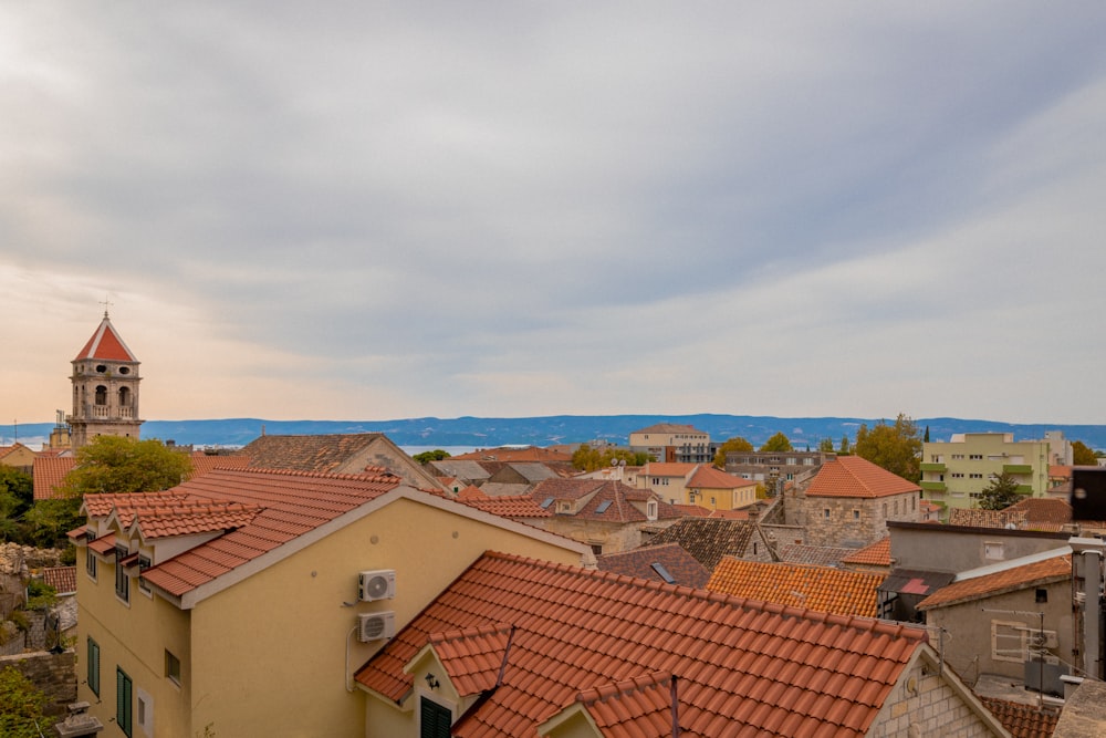 a group of rooftops with a tower and a body of water in the background