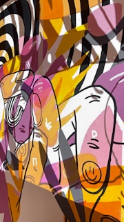 The image features a vibrant, abstract mural with overlapping shapes and colors. It includes elements like stripes, lines, and circular patterns with facial features. The composition uses a bright palette with contrast and shadows to create depth.