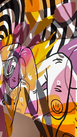 High-contrast photo of a South African street mural blending abstract and figurative elements.