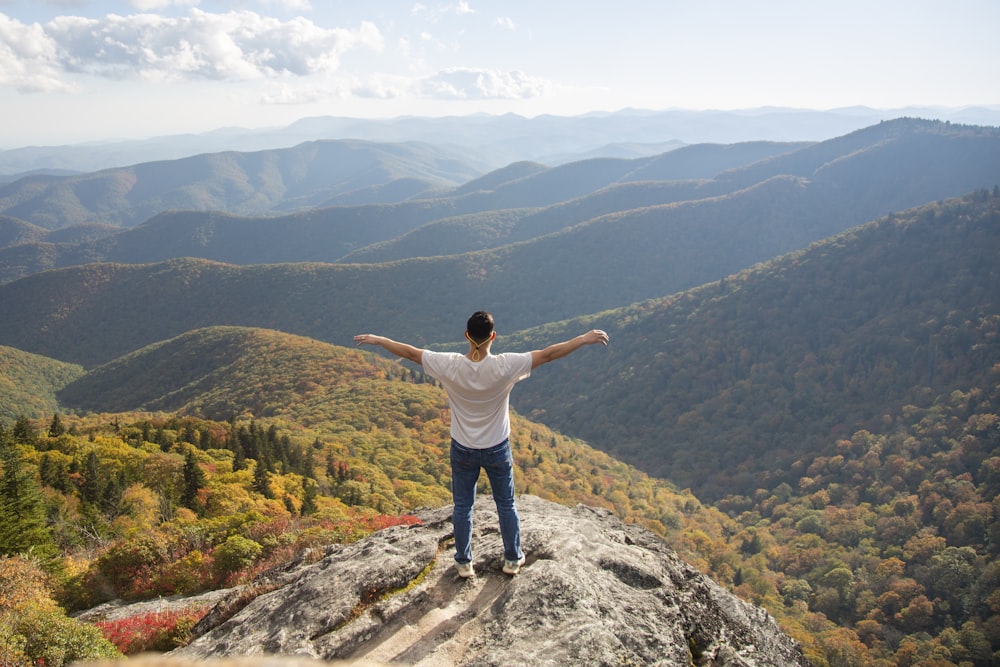 a man standing on a rock overlooking a valley with trees and mountains