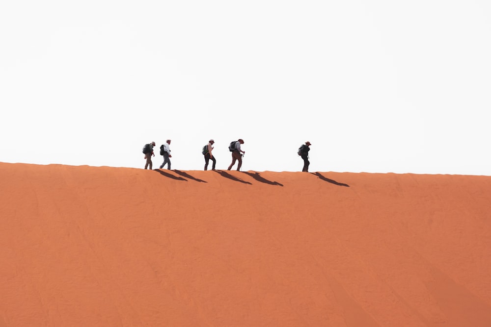 a group of people walking on sand