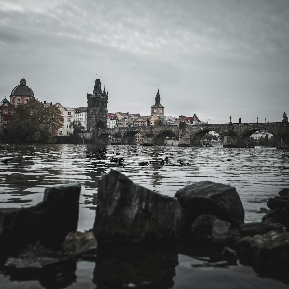 a bridge over a river with a city in the background