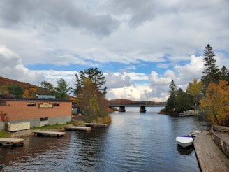 a body of water with boats and a bridge in the background