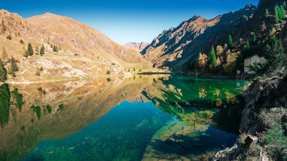 a lake surrounded by mountains