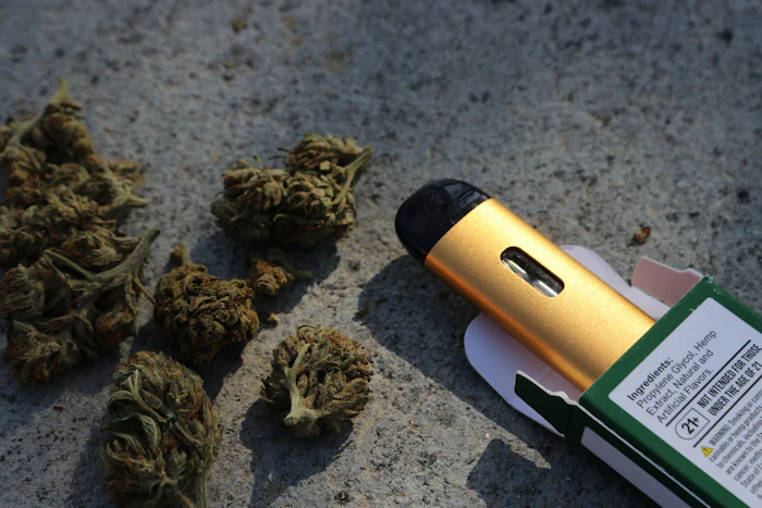 A vape pen beside cannabis flower