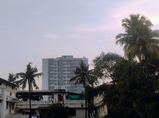 A tall residential building with multiple floors stands prominently in the background, surrounded by lush green trees and palm trees. The sky is light blue with hints of pink, indicating either sunrise or sunset. In the foreground, there are smaller buildings with flat rooftops.