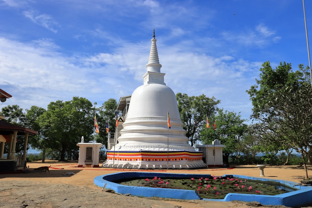 a white building with a tower