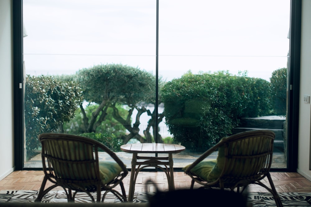 a table and chairs on a deck