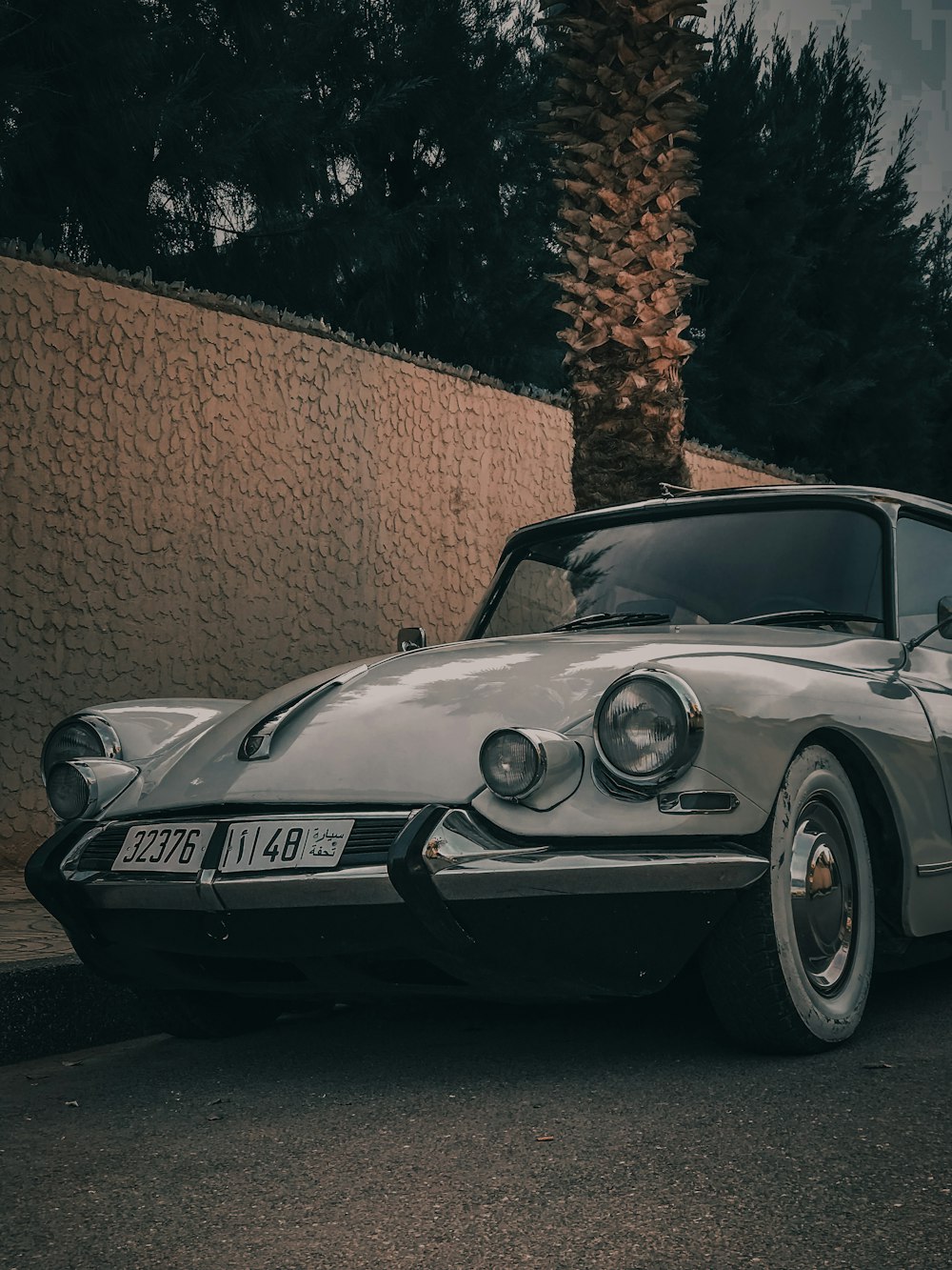 a car parked in front of a brick wall and a tree