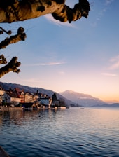 a body of water with buildings and mountains in the background