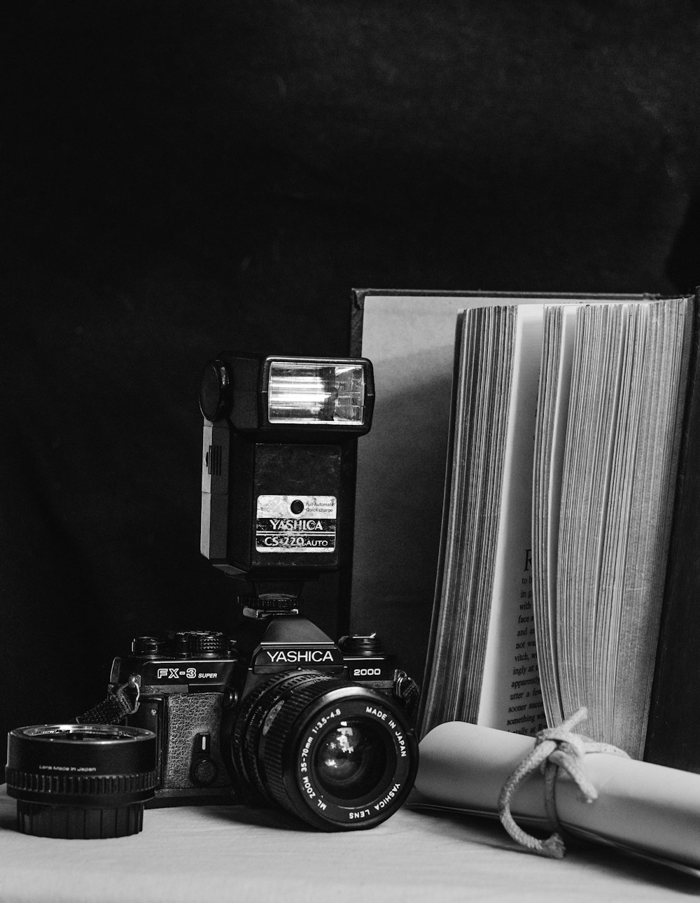 a camera next to a book