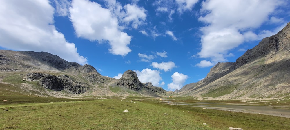 a grassy area with mountains in the background