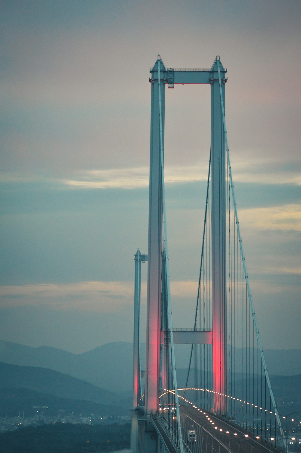 a large bridge with lights