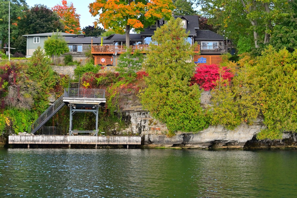 a body of water with trees around it and buildings in the back