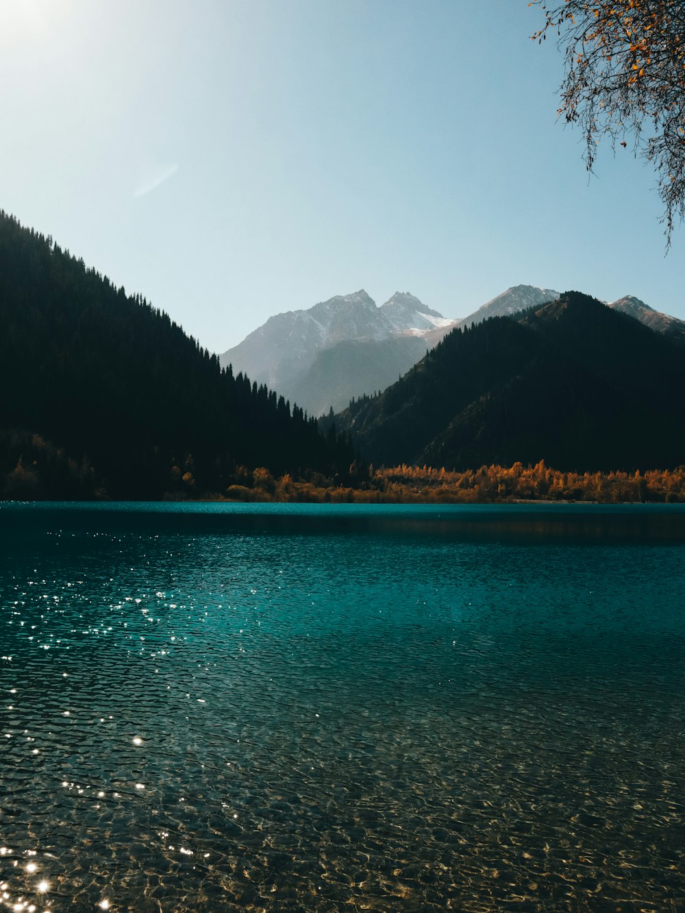 a lake with mountains in the background