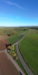 a road with grass and trees on the side