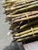 Bundles of green and brown sugarcane stalks are tied together with yellow twine, resting on a wooden surface. The stalks are neatly cut and highlighted by natural sunlight.