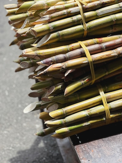 Close-up of golden jaggery blocks stacked on a rustic wooden table with fresh sugarcane stalks beside them.