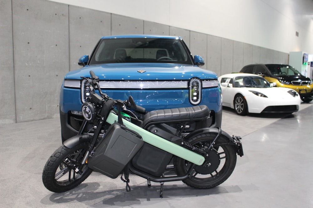 a motorcycle parked in a garage