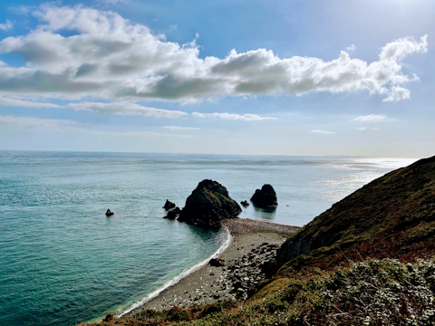 a rocky beach with a body of water in the background