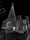A night scene featuring a church adorned with strings of lights that illuminate its facade and spire. A cross tops the spire, and people stand and sit on the church steps. The scene has a festive and serene atmosphere.