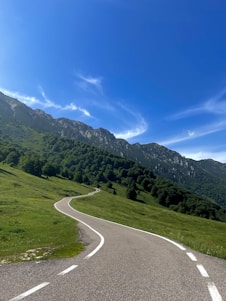 A winding road through lush green mountains with a clear blue sky.