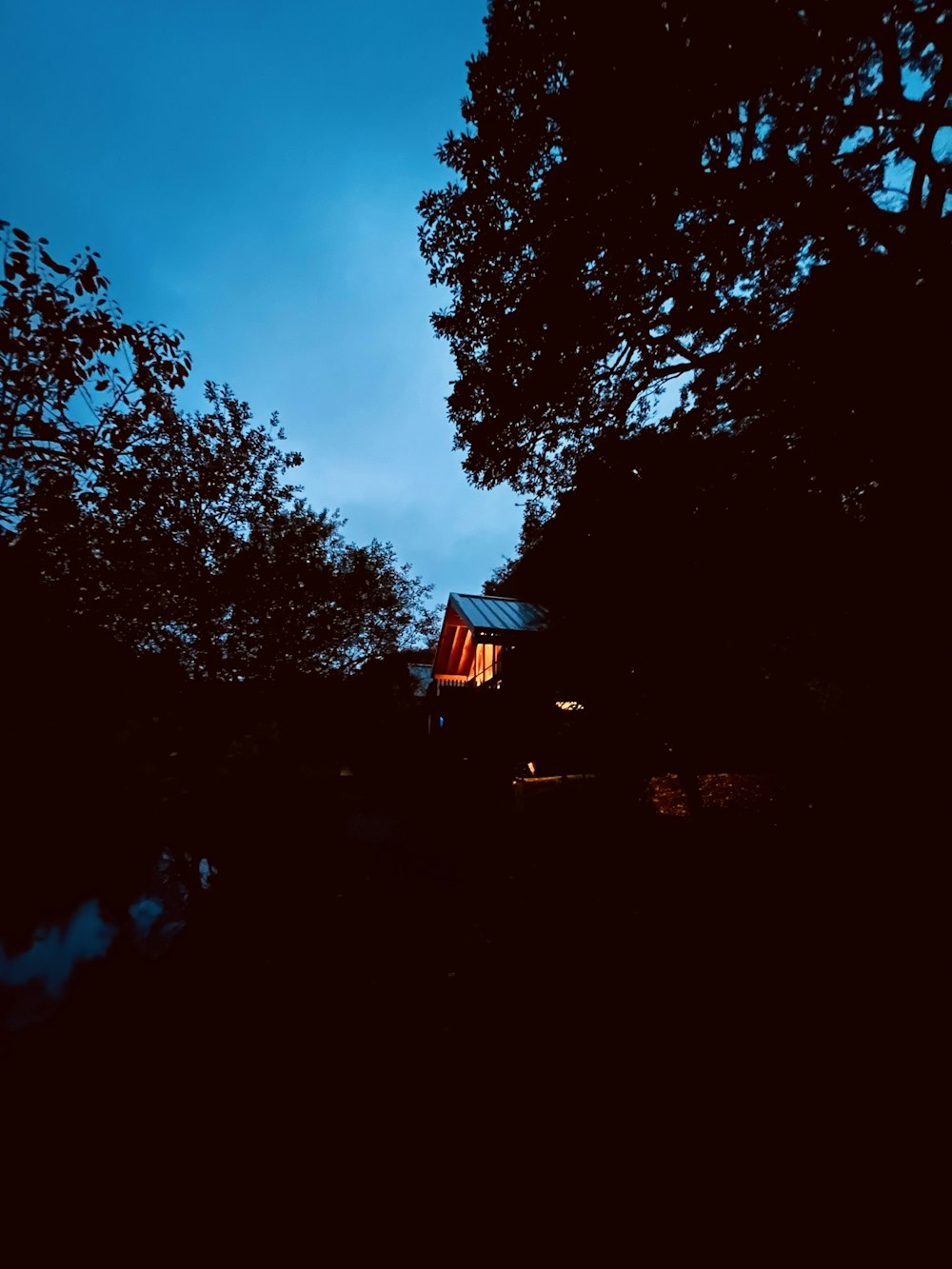 a house with a blue roof at night