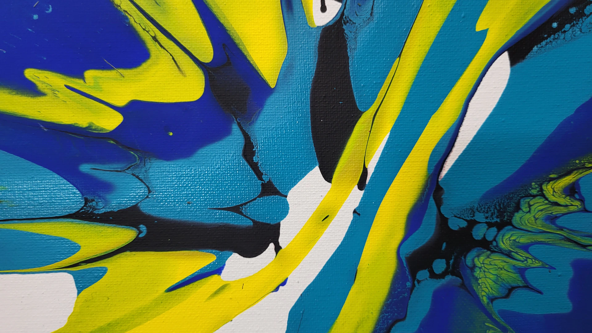 A bold abstract piece featuring contrast between luminous yellows and deep blues, punctuated by striking silver textures and sharp black shapes.