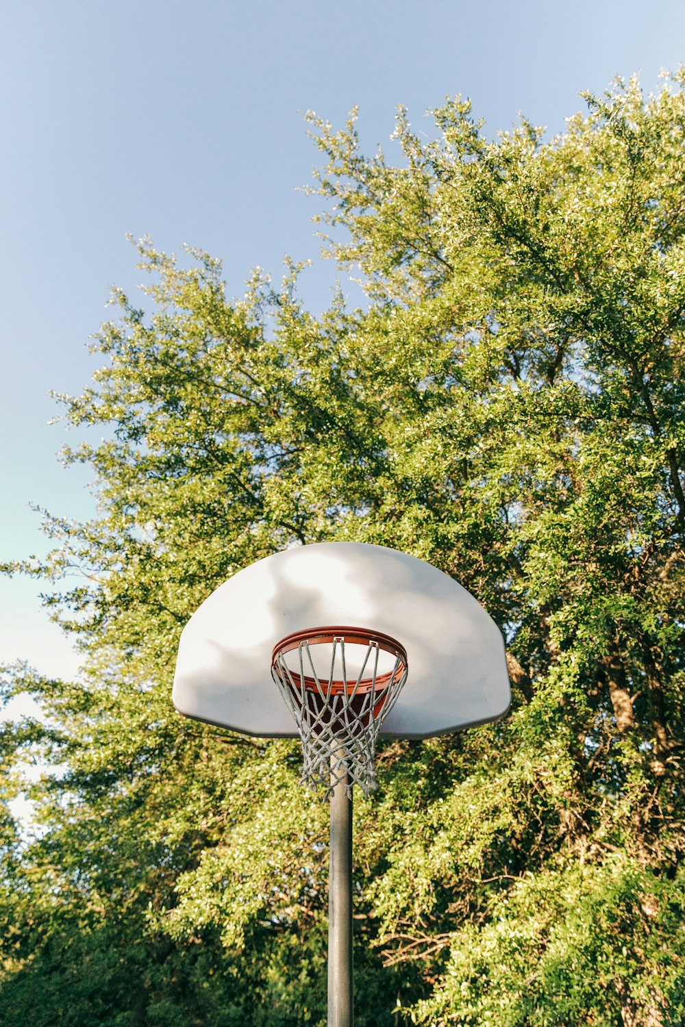 a basketball hoop with trees in the background