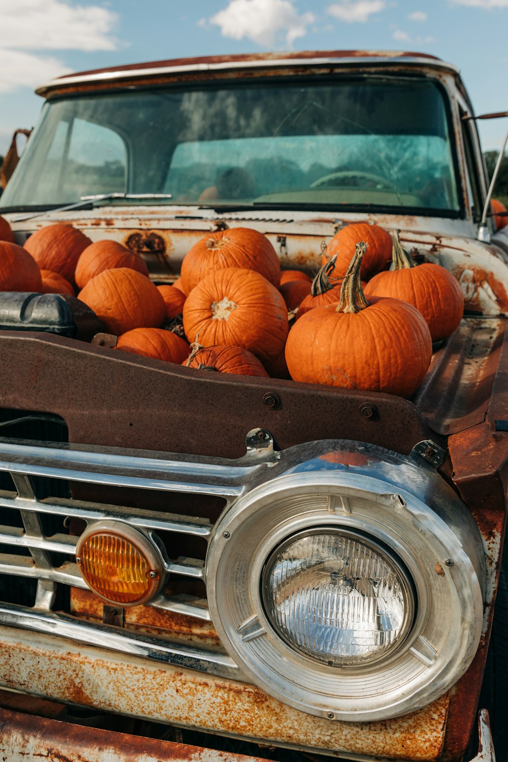 a truck with pumpkins in the back