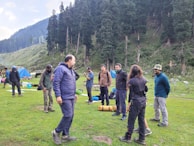 A group of people is gathered on a lush green lawn surrounded by tall pine trees. Some appear to be in conversation, while others are engaged in various activities. Camping gear and tents are visible, indicating a camp setup. The backdrop features a forested hillside, creating a serene outdoor setting.