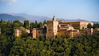a large building surrounded by trees with Alhambra in the background