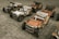 Several vintage-style toy cars are neatly arranged on a paved surface. The cars are colorful with chrome accents, wooden frames, and intricate detailing, each featuring a steering wheel and cushioned seat.
