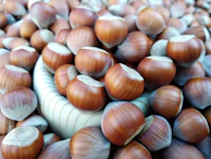 Close-up of hazelnuts with their shells cracked open, revealing the smooth nuts inside.