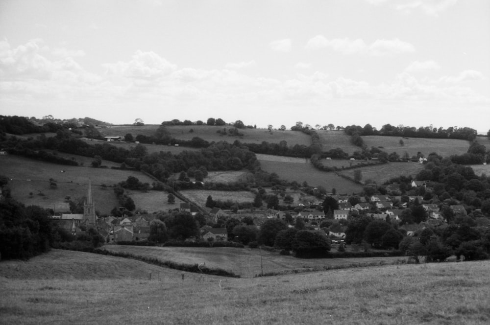 a black and white photo of a town with trees and a person standing on a hill