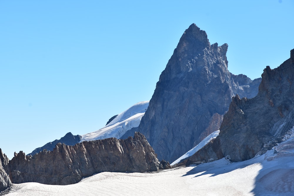 a snowy mountain with a blue sky