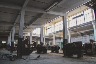 a large room with a lot of tires and a large window