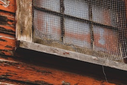 A rustic, weathered window is covered with a metal mesh, set in a wooden frame. The paint on the wooden frame is peeling, revealing the natural wood underneath. The glass panes are cloudy, suggesting age and wear.