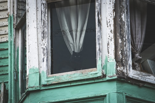 Faint glowing eyes peering from a cracked window in a dark house.