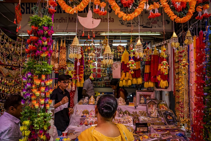 A vibrant display of Diwali products showcasing colorful decorations and gifts.