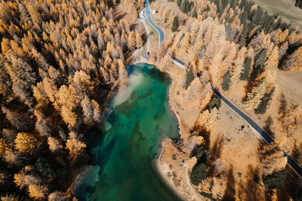 a satellite view of a river and a city